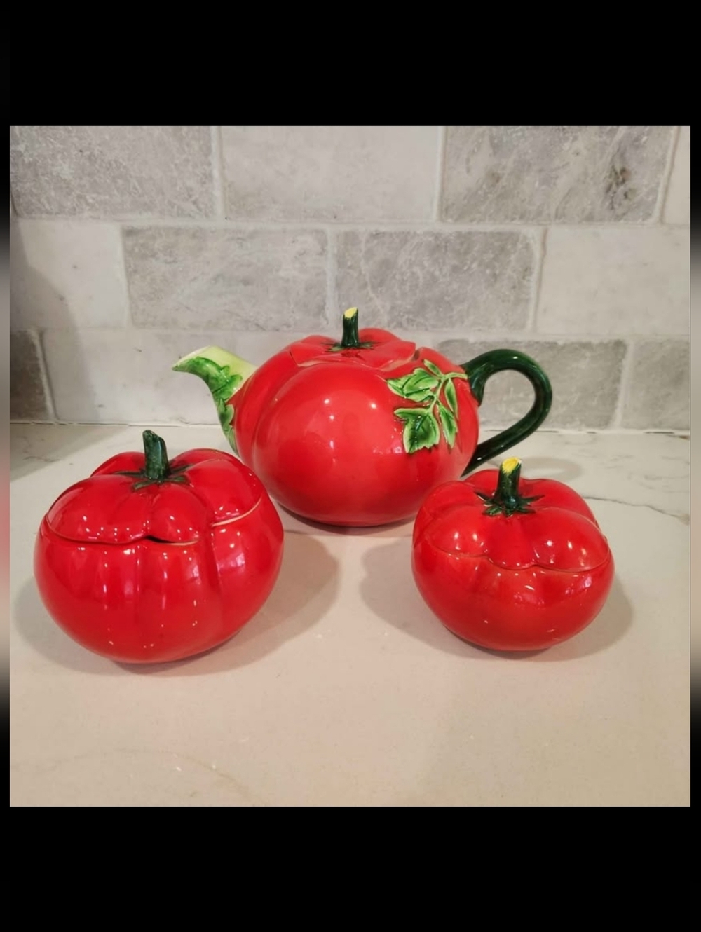 Vintage Lefton's China Food Inspired Tomato Teapot, Cream, And Sugar Bowls